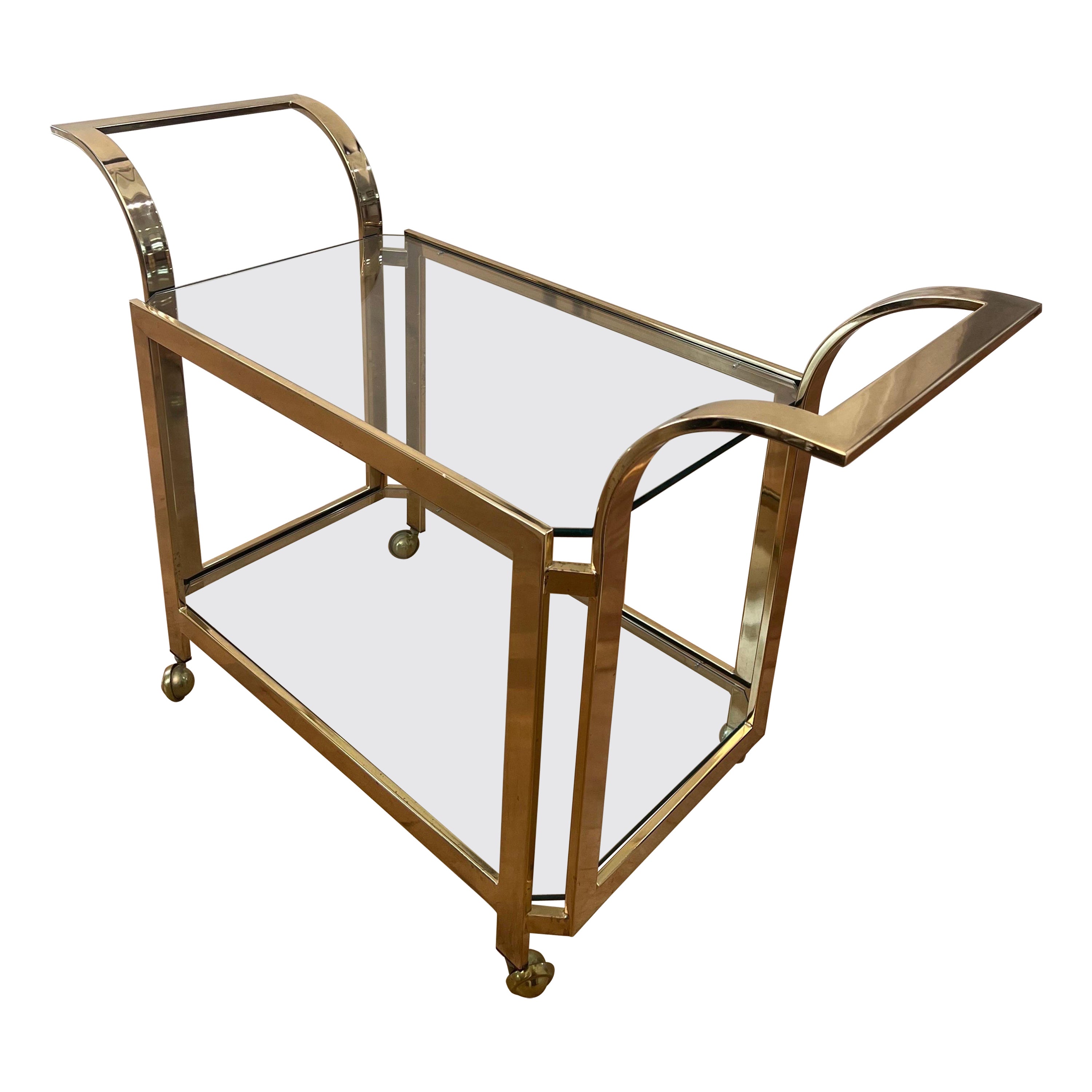 Mid Century Modern Brass Milo Baughman Bar Cart on Wheels  - Two Tier Glass For Sale