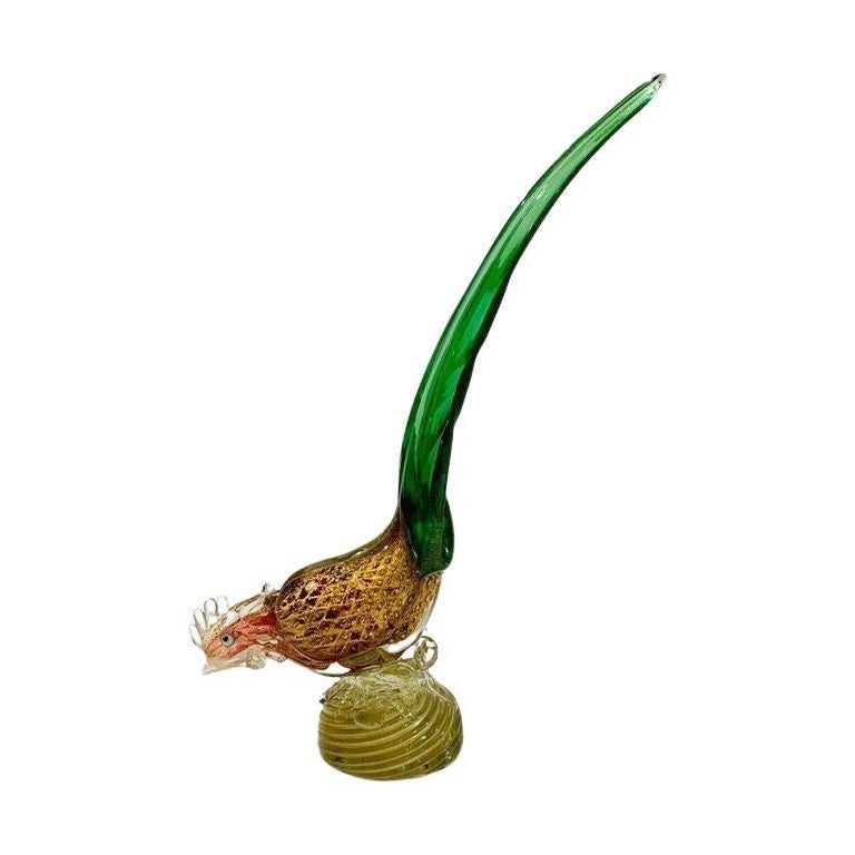 Barbini Murano glass green, red and gold with bubbles circa 1950 large cock. For Sale