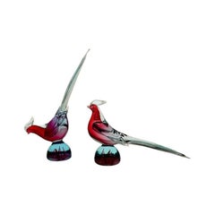 Antique Archimede Seguso italian bicolor 1950 Murano Glass pheasants pair.