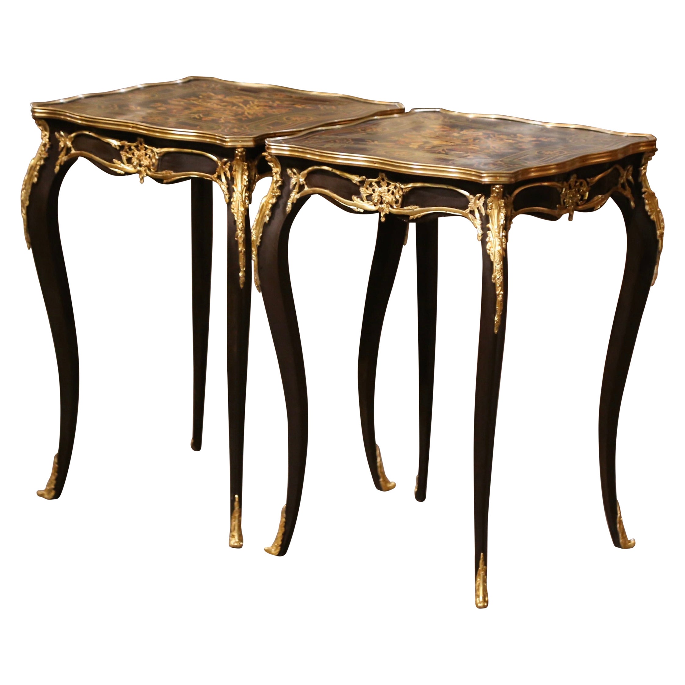 Pair of Mid-Century French Louis XV Marquetry Inlaid and Bronze Dore Side Tables For Sale