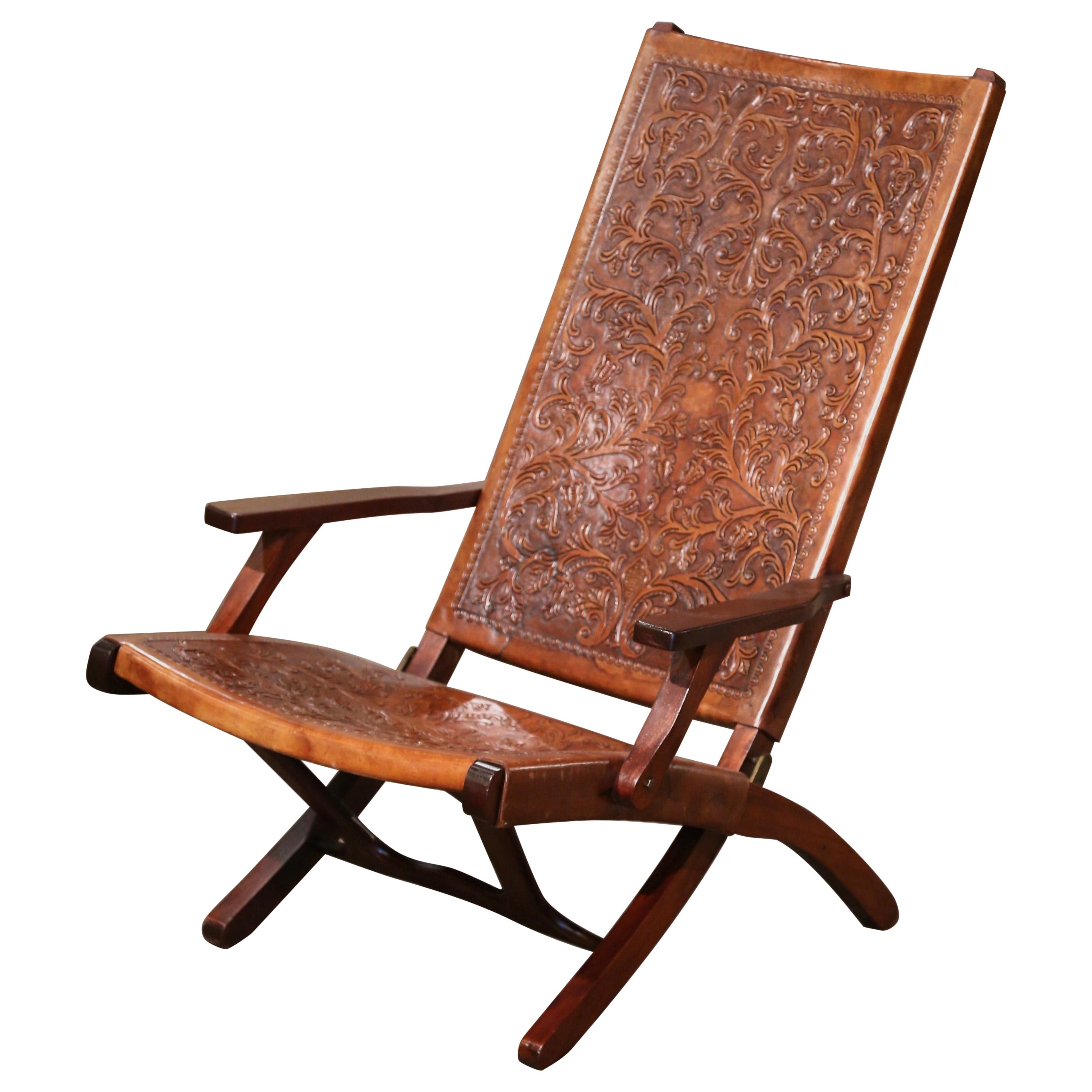 Mid-Century Spanish Carved Walnut Folding Chair with Original Embossed Leather For Sale