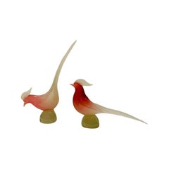 Archimede Seguso opaline bicolor 1950 Murano Glass pair of pheasants 