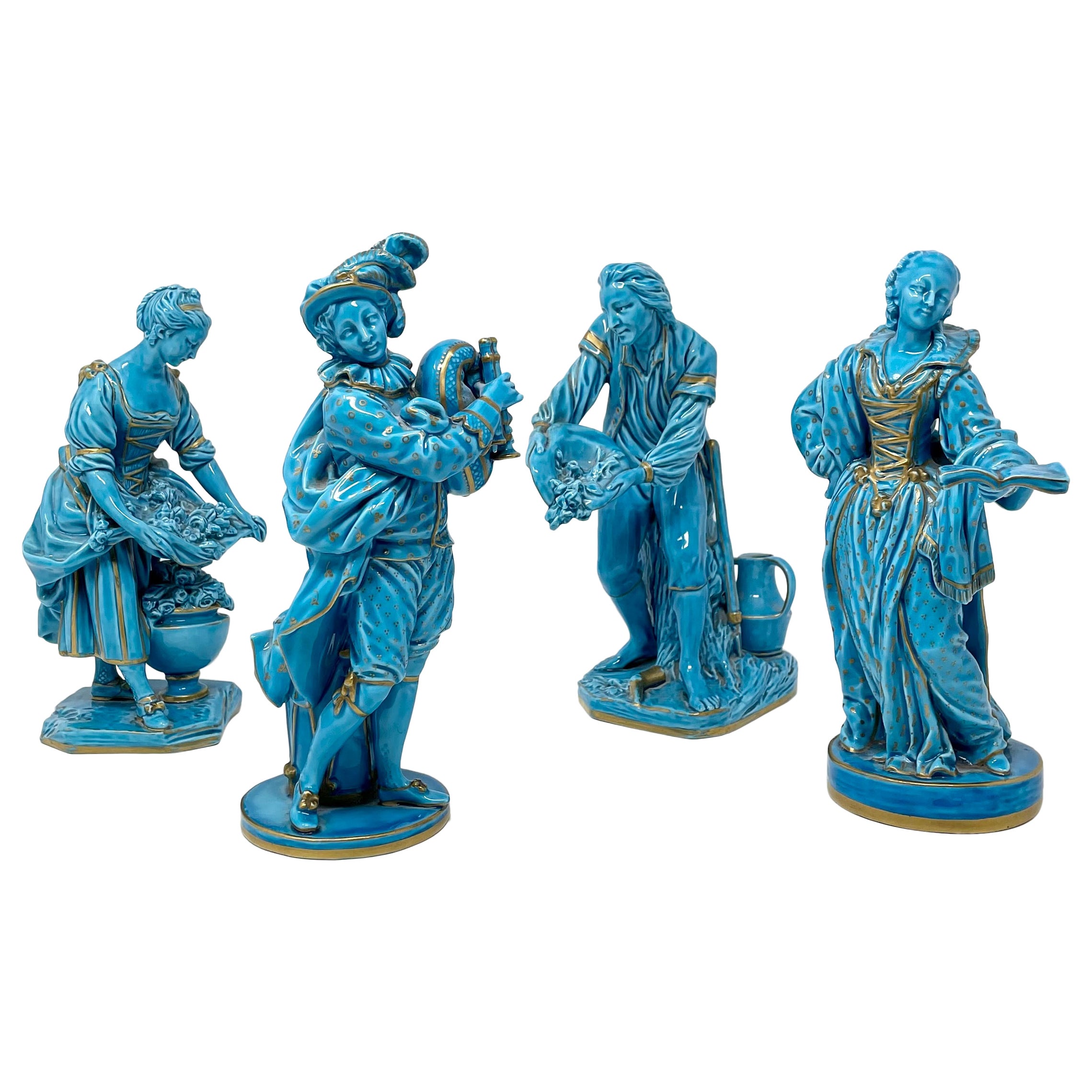 Set of 4 Antique French Porcelain Turquoise & Gold Table Figurines, Circa 1880. For Sale