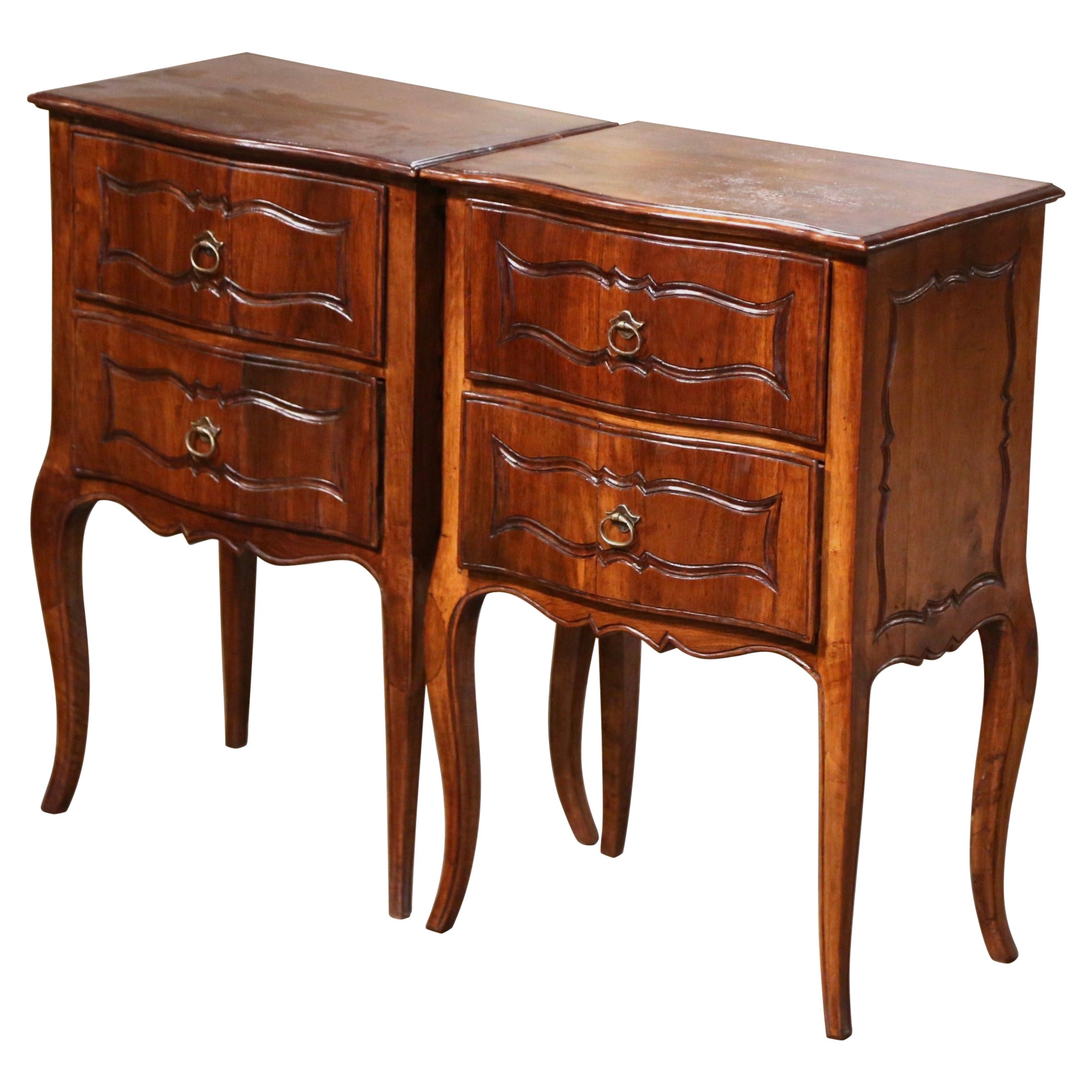 Pair of Early 20th Century Louis XV Carved Walnut Bombe Two-Drawer Nightstands 