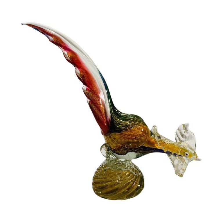 Barovier&Toso Murano Glass blue and pink with gold and air bubbles pheasant 1950 For Sale