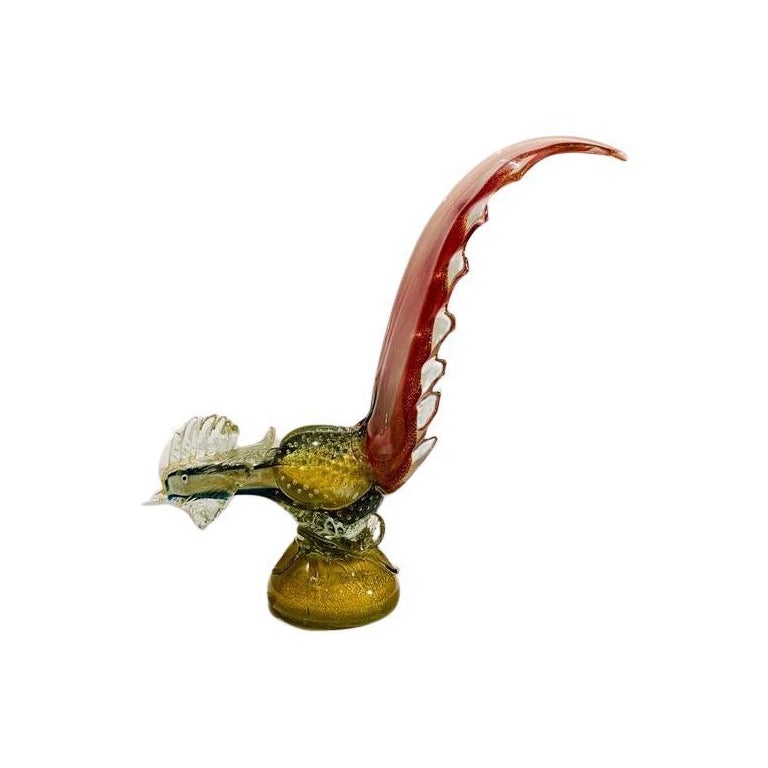 Barovier&Toso Murano Glass blue and pink with gold and air bubbles pheasant 1950 For Sale