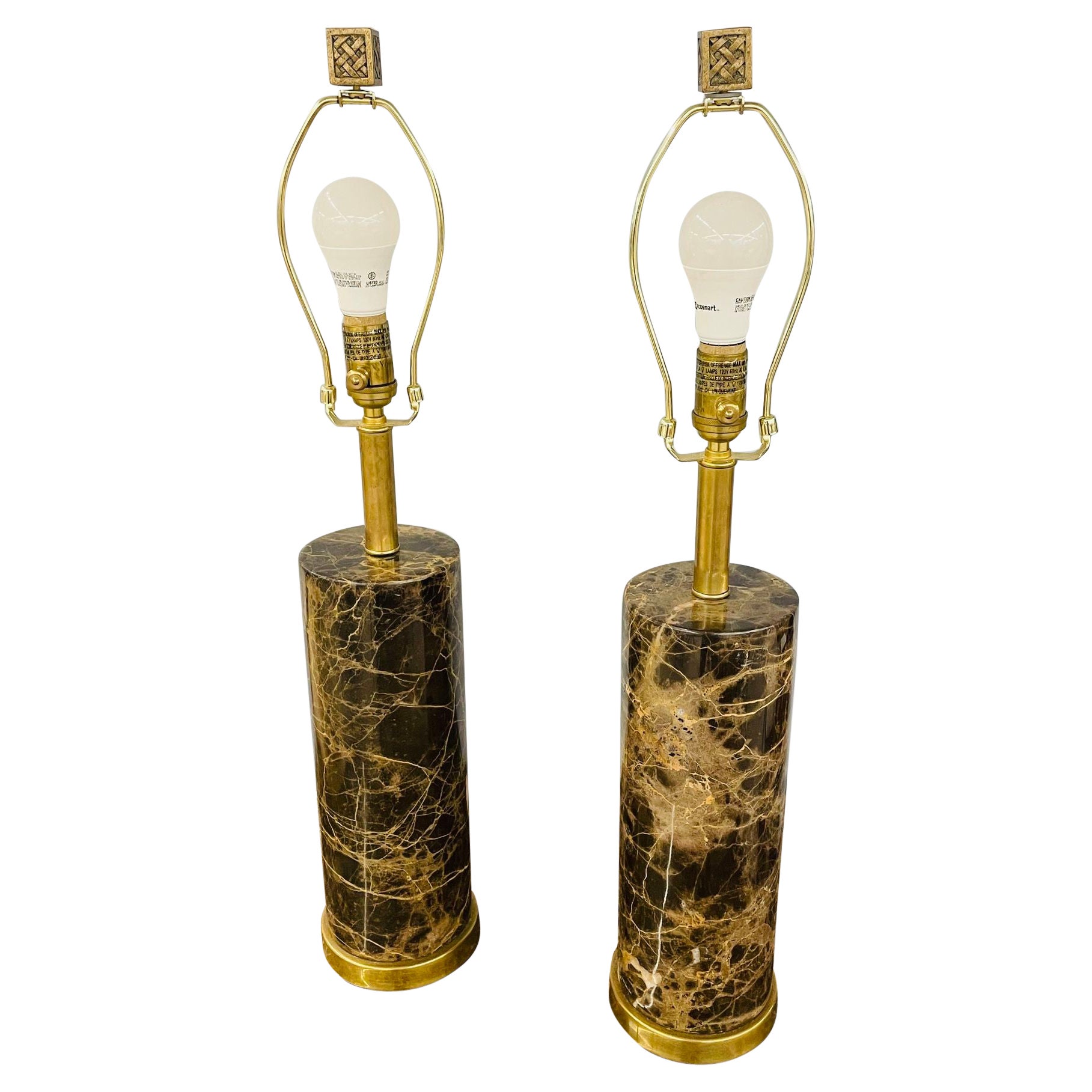 Pair of Modern Solid Marble Cylindrical Table Lamps, Brass Base, Single Bulb For Sale
