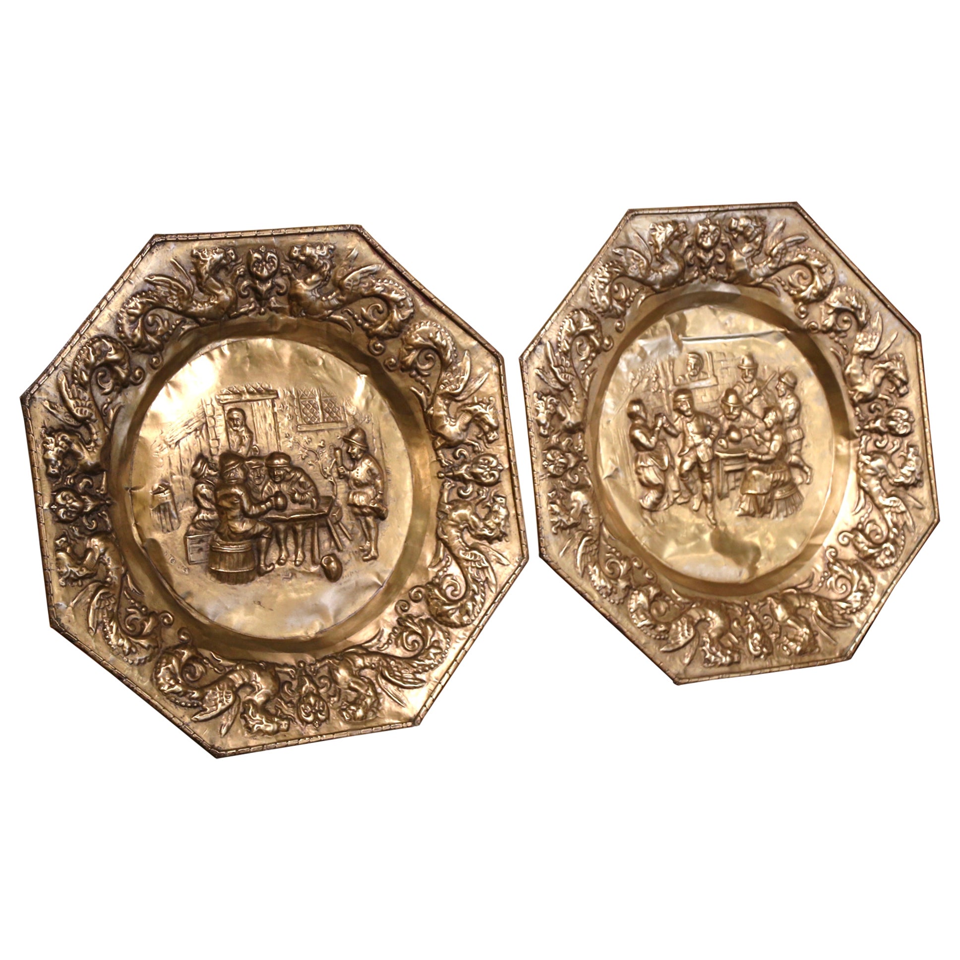 Pair of 19th Century French Octagonal Repousse Copper Decorative Wall Chargers For Sale