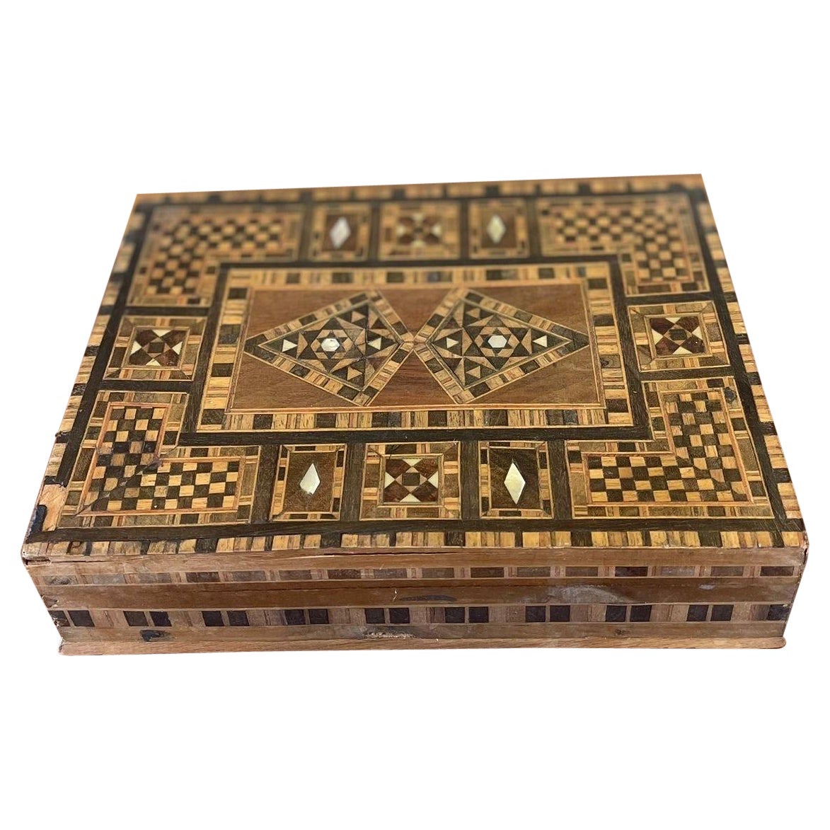 Vintage Wooden Box Inlayed Wooden Mosaic For Sale
