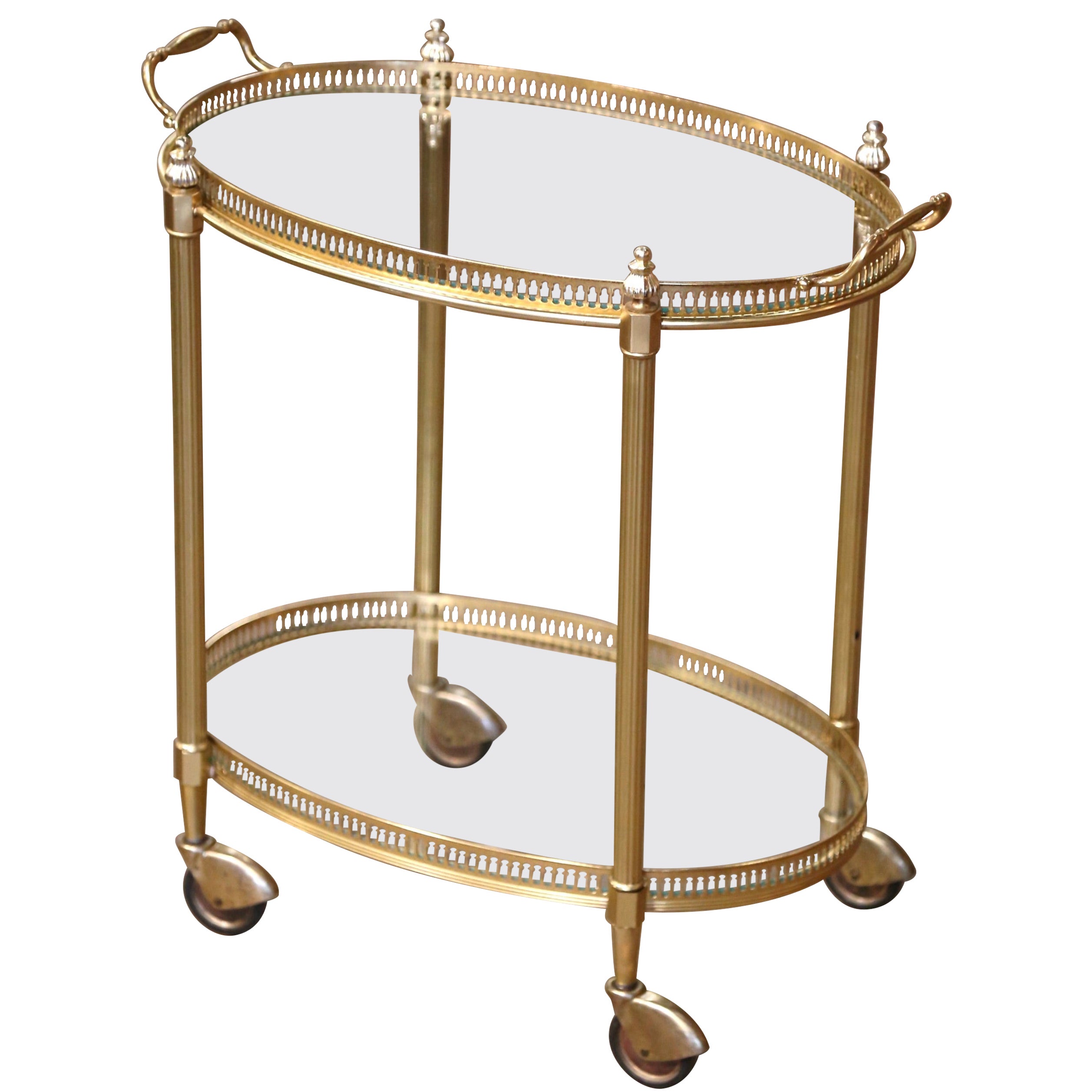 Mid-Century French Gilt Brass Oval Two-Tier Service Trolley Bar Cart