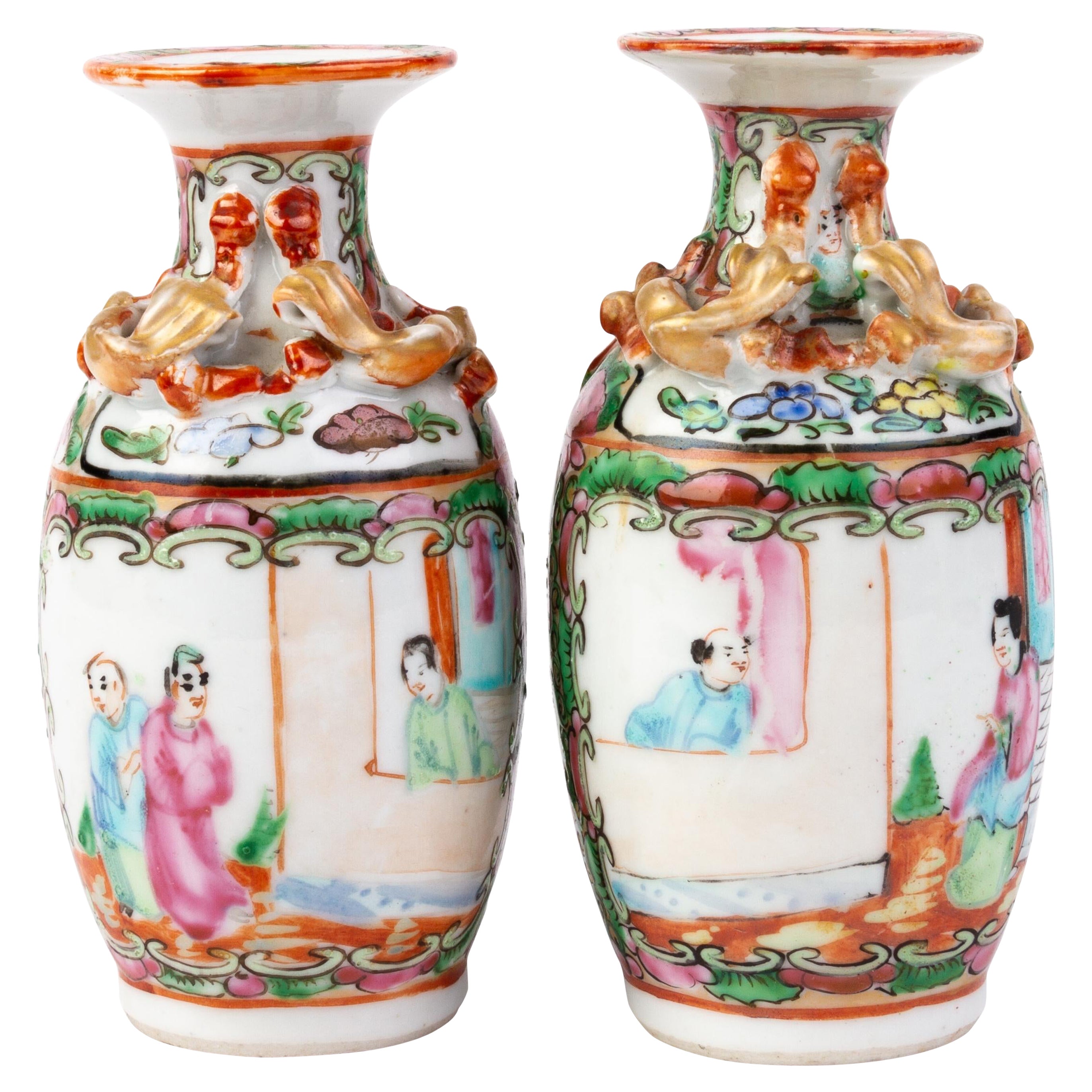Chinese Pair of Canton Porcelain Famille Rose Vases 19th Century 