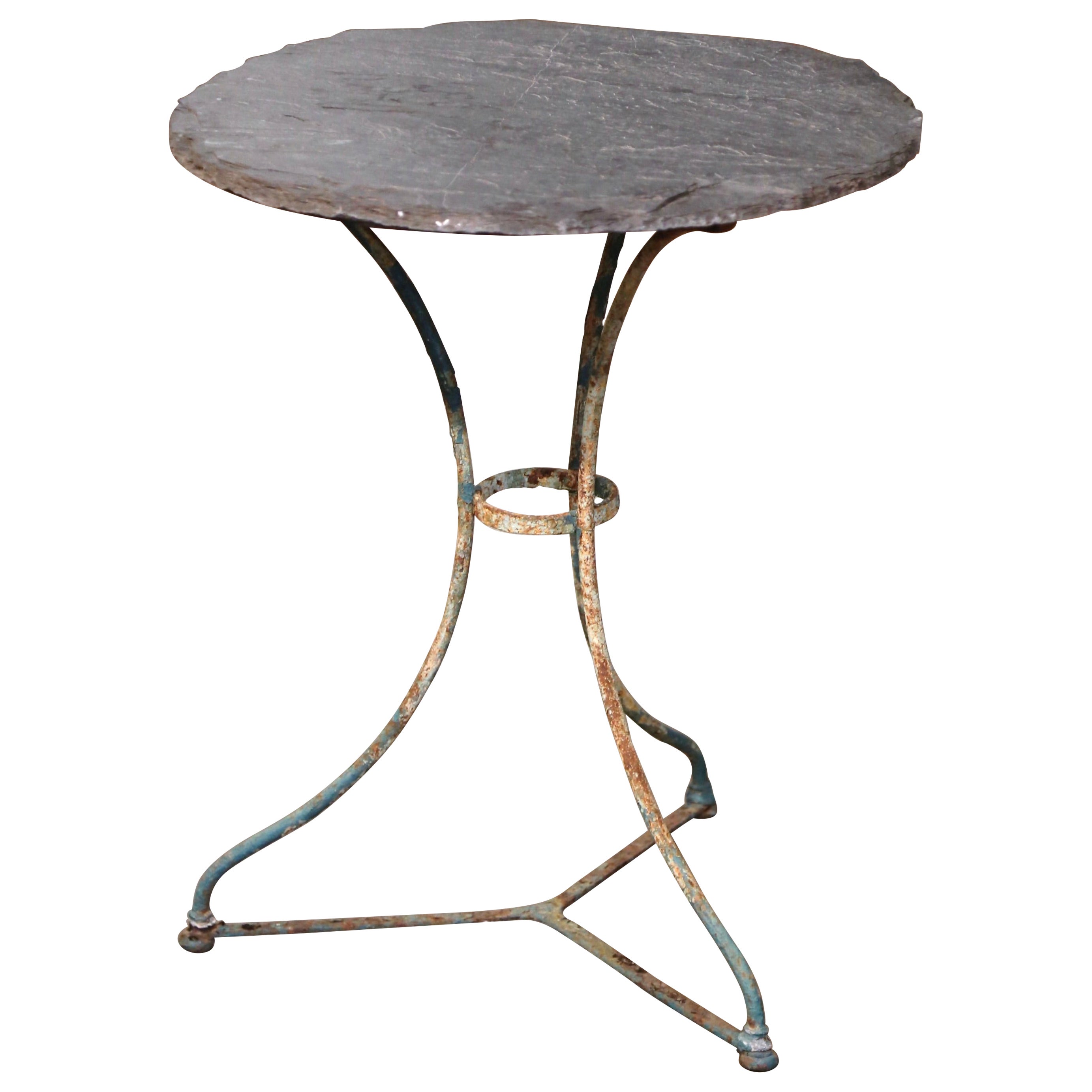 19th Century French Round Slate Top Painted Iron Bistro Table For Sale