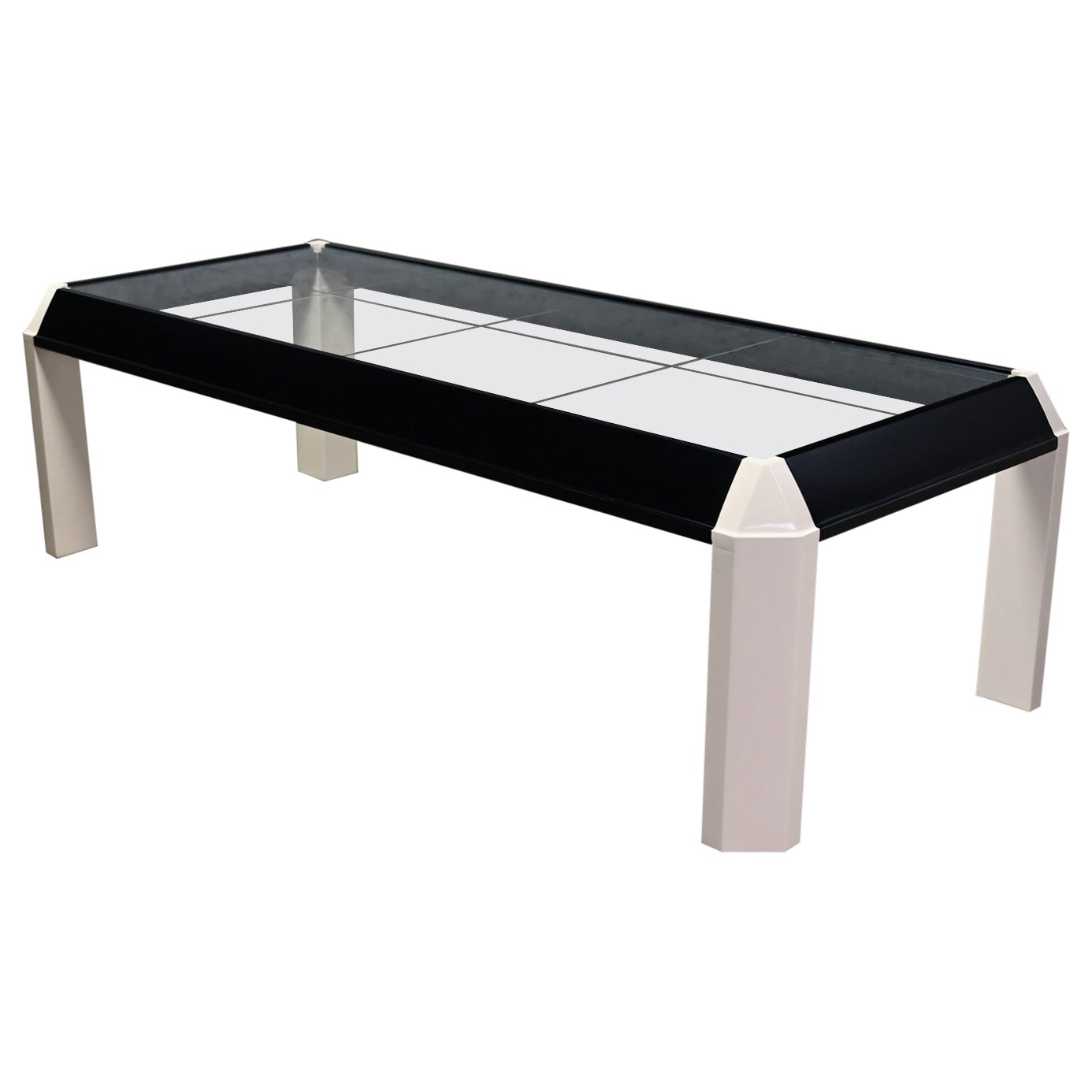 Postmodern Coffee Table Black Painted Frame Off White Trapezoid Legs Glass Top For Sale