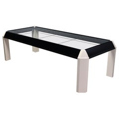 Vintage Postmodern Coffee Table Black Painted Frame Off White Trapezoid Legs Glass Top