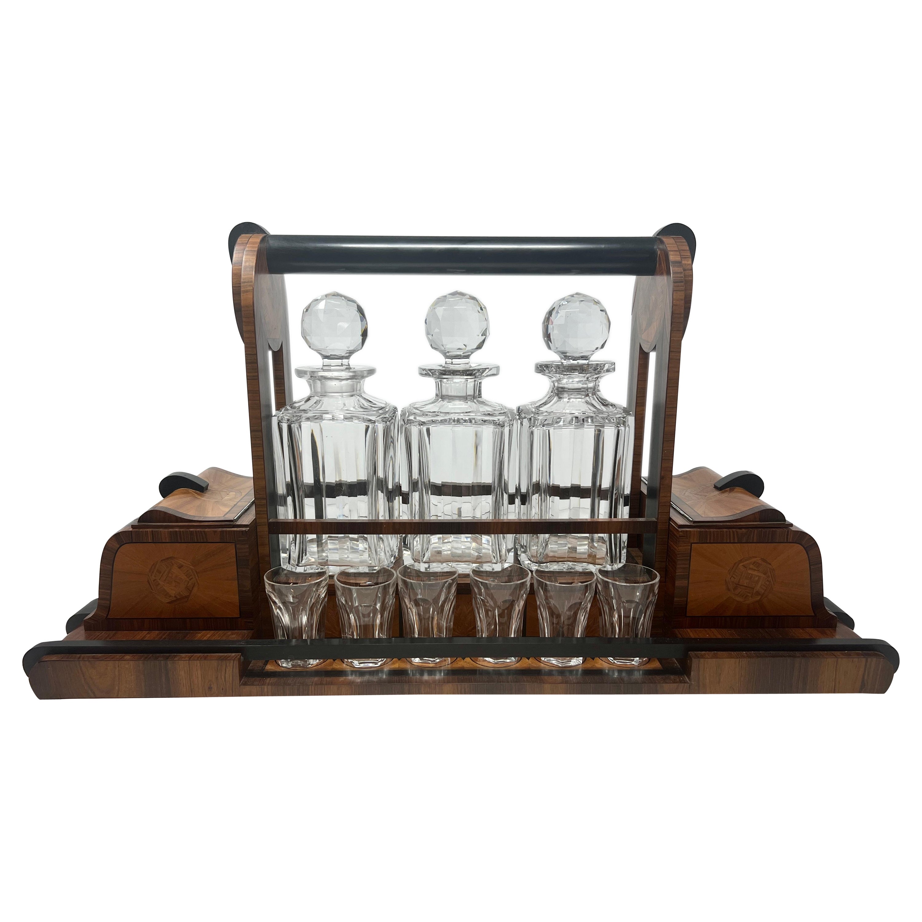 Antique English Rosewood & Crystal 3 Bottle Tantalus with Glasses, Circa 1910's For Sale