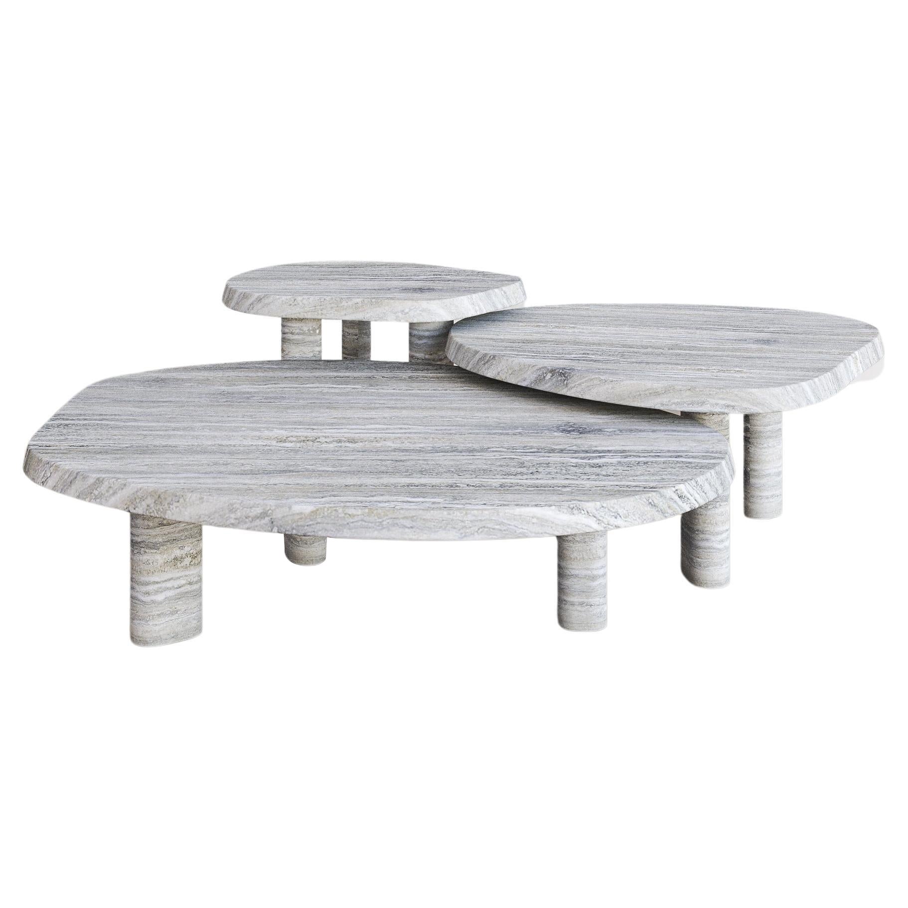 Silver Travertine Full Set Fiori Nesting Coffee Table by the Essentialist For Sale