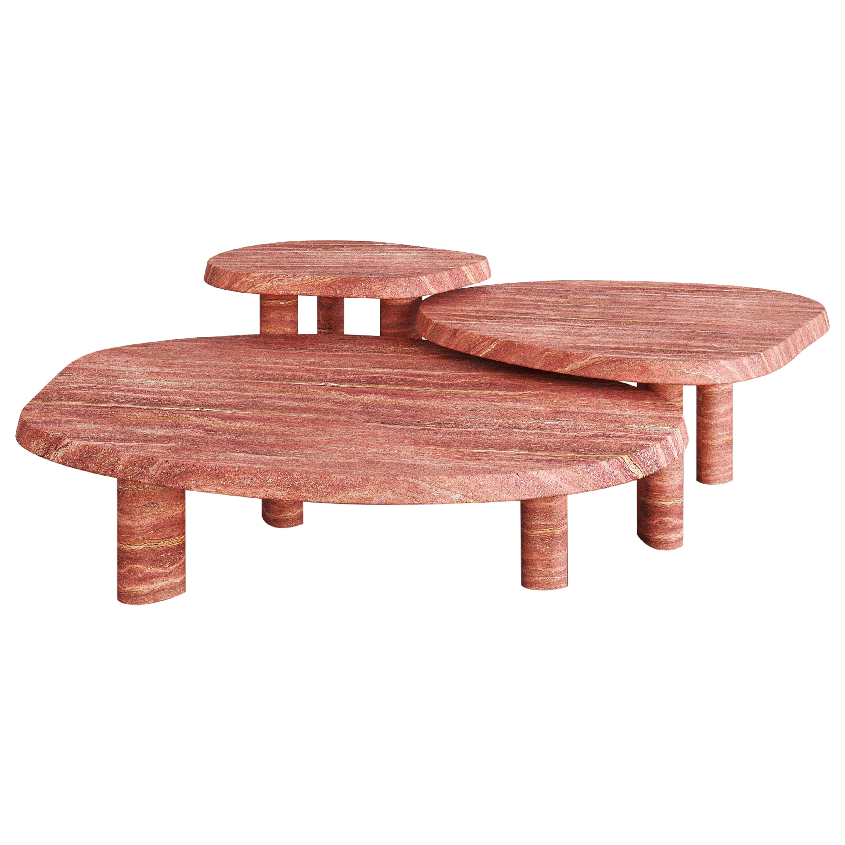 Red Travertine Full Set Fiori Nesting Coffee Table by the Essentialist For Sale