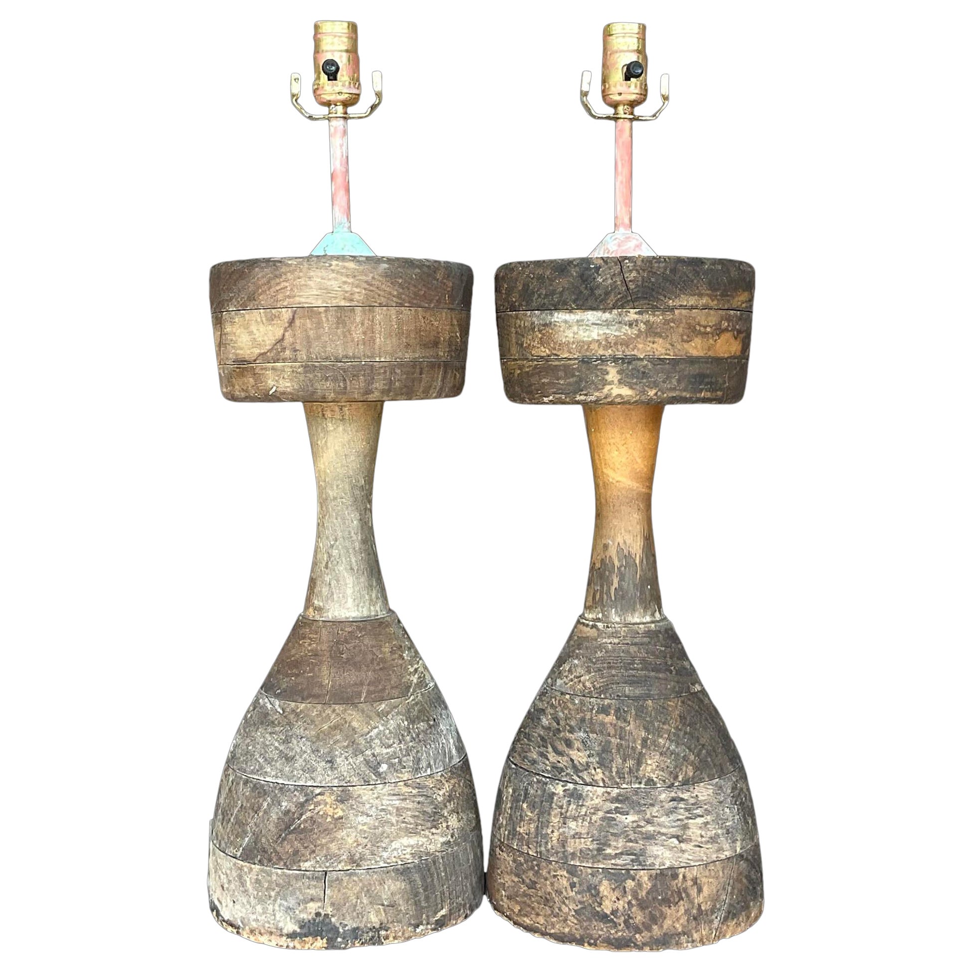 Vintage Boho Stacked Distressed Wood Lamps - a Pair For Sale