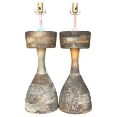 Retro Boho Stacked Distressed Wood Lamps - a Pair