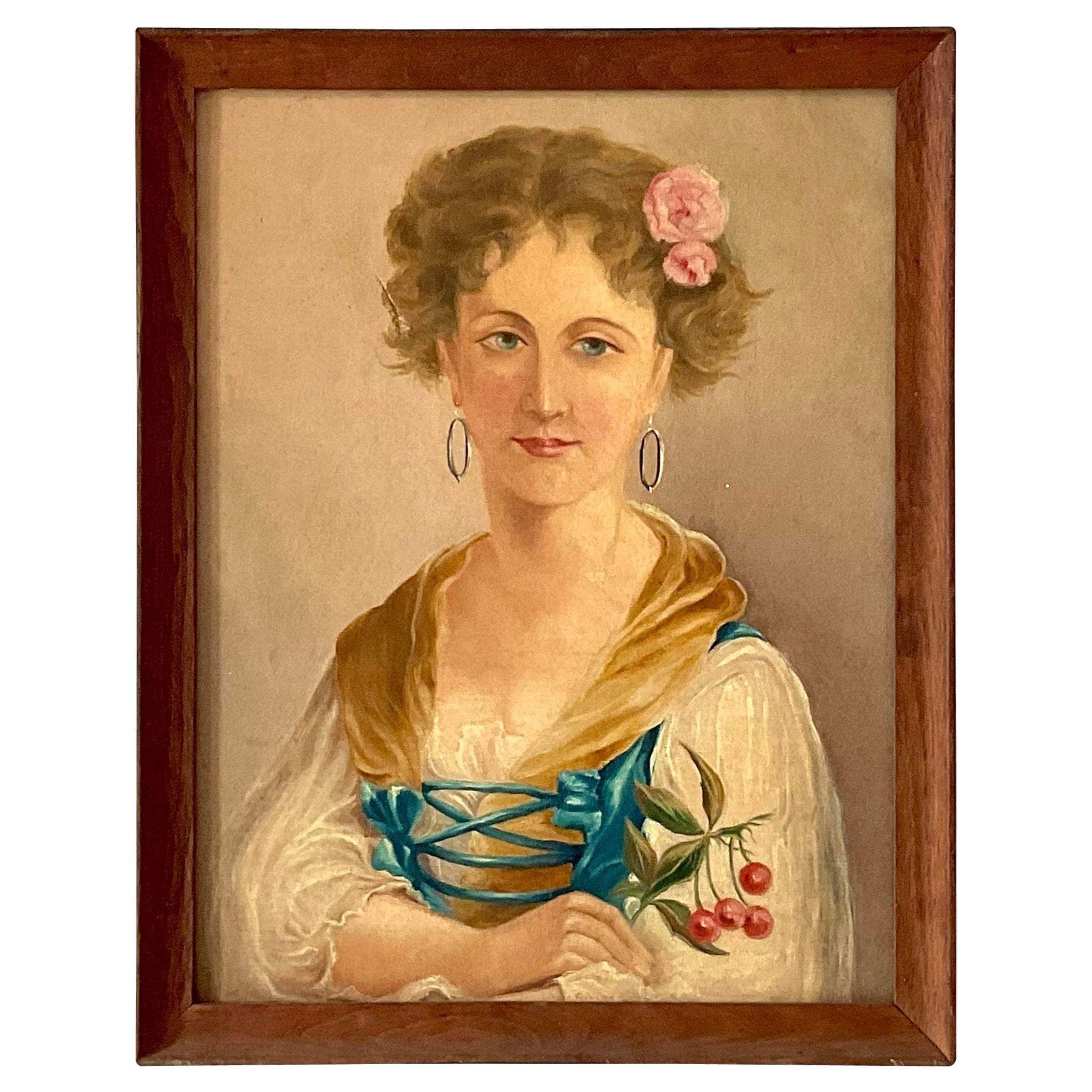 Early 20th Century Vintage Boho Original Oil Portrait of a Woman With Flowers