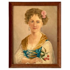 Early 20th Century Antique Boho Original Oil Portrait of a Woman With Flowers