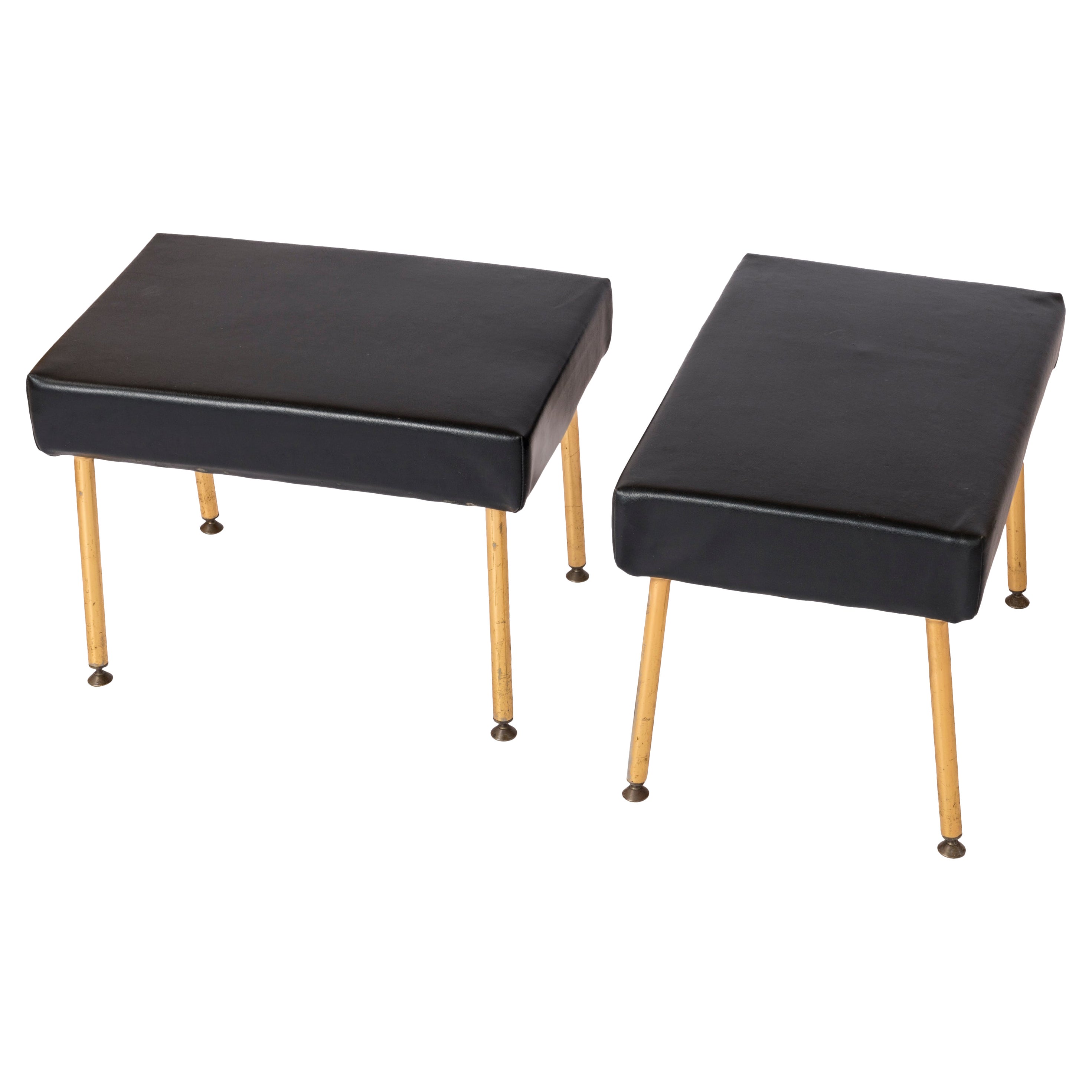 Pair of Gilt Metal & Moleskine Footstools or Benches by Airborne - France 1960's For Sale