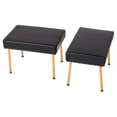 Retro Pair of Gilt Metal & Moleskine Footstools or Benches by Airborne - France 1960's