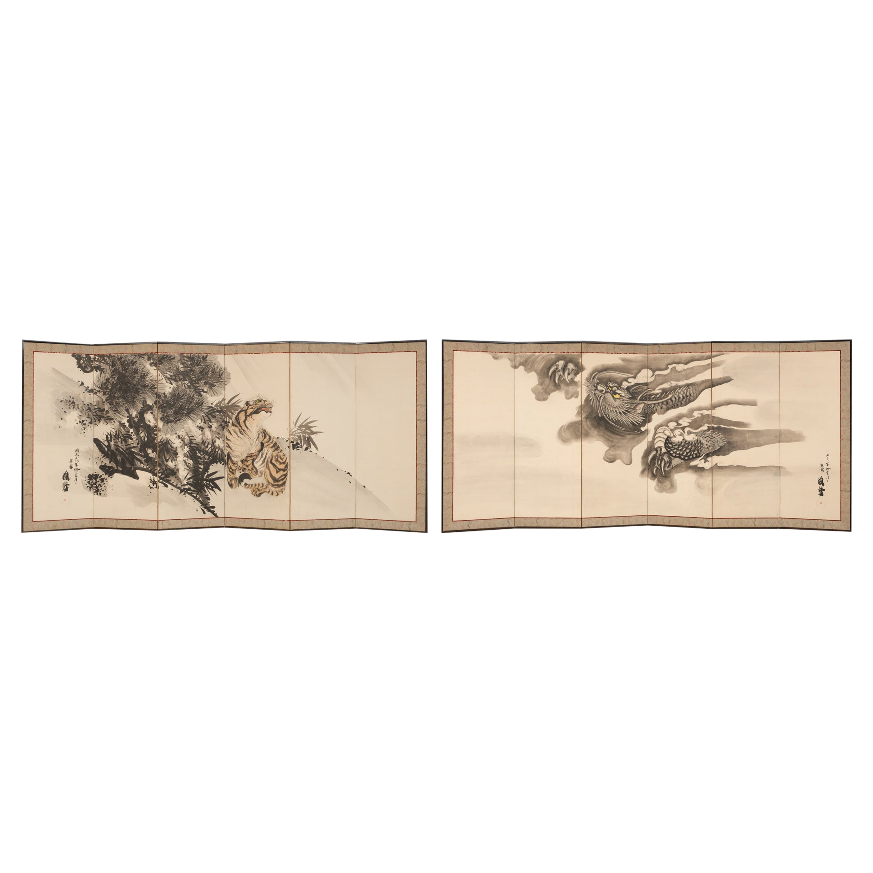 Paire de grands paravents japonais byôbu 屏風 (paravent) à décor de dragon et de tigre
