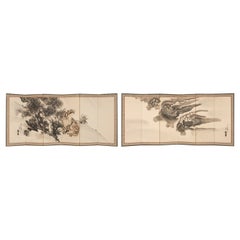Antique Pair of large Japanese byôbu 屏風 (folding screen) with dragon & tiger pairing