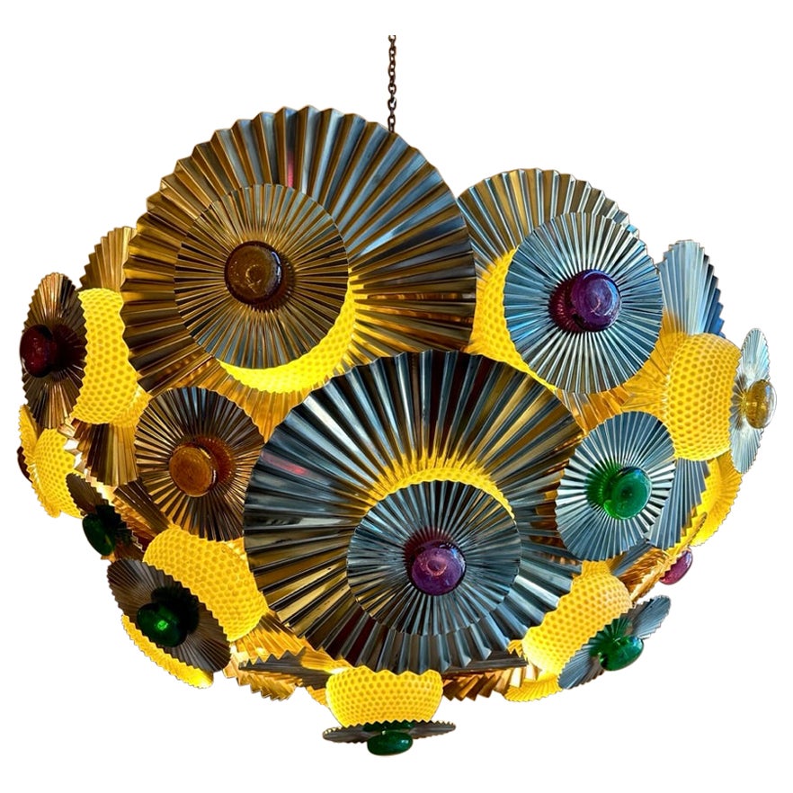Late 20th Century Italian Pleated Brass Chandelier w/ Pulegoso Murano Glass Dots