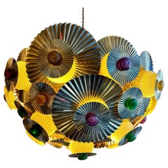 Vintage Late 20th Century Italian Pleated Brass Chandelier w/ Pulegoso Murano Glass Dots