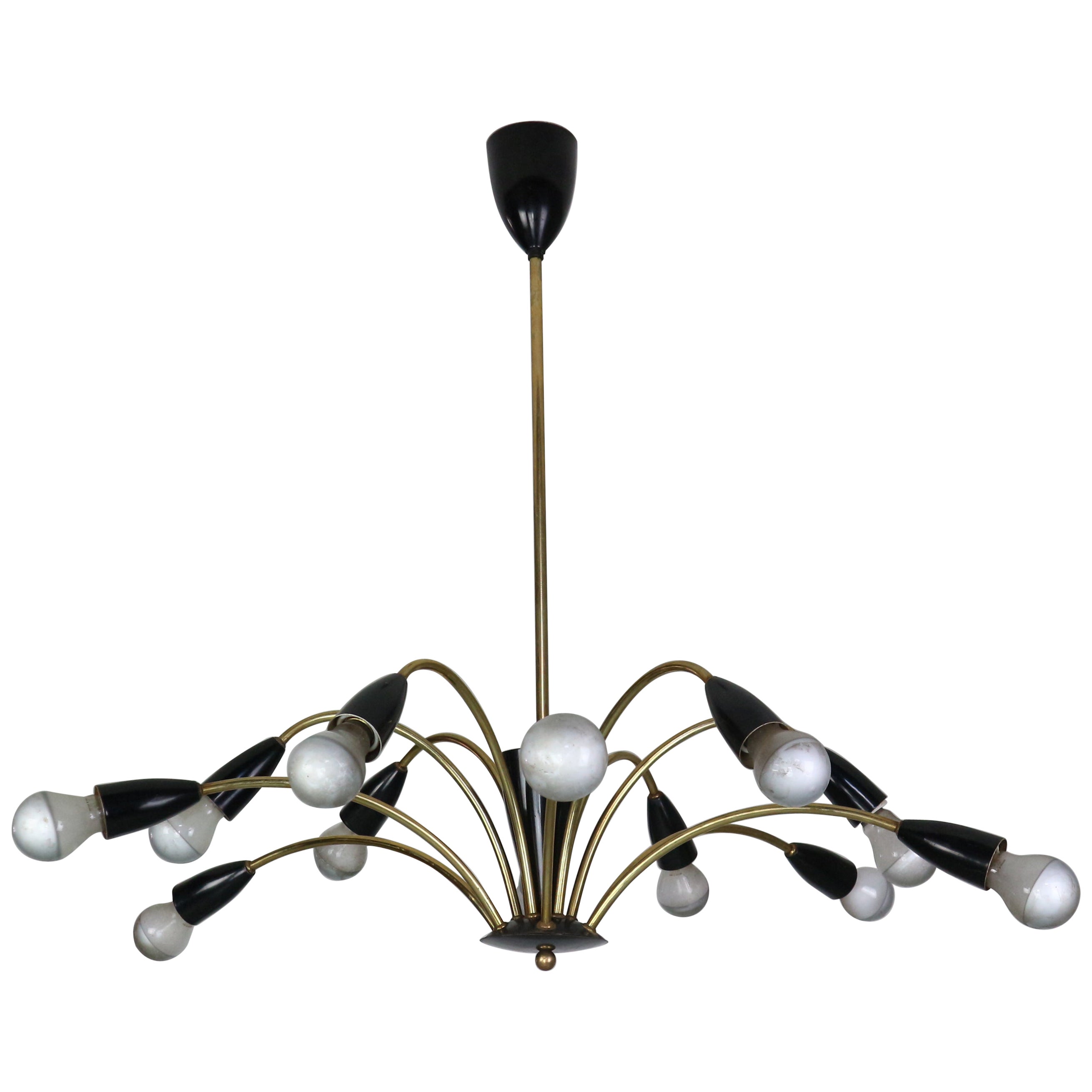 Italian Black and brass 12 arm Spider Chandelier  1950s For Sale