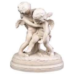 Antique Large Patinated Terracotta - Two Cupids Disputing A Heart After Emfalconet XIXth