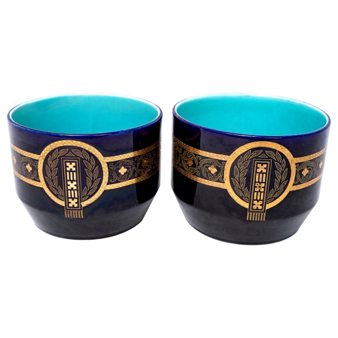 Pair Of Sarreguemines Cache Pots - Bleus De Longwy - Golden Geometric Decoration For Sale