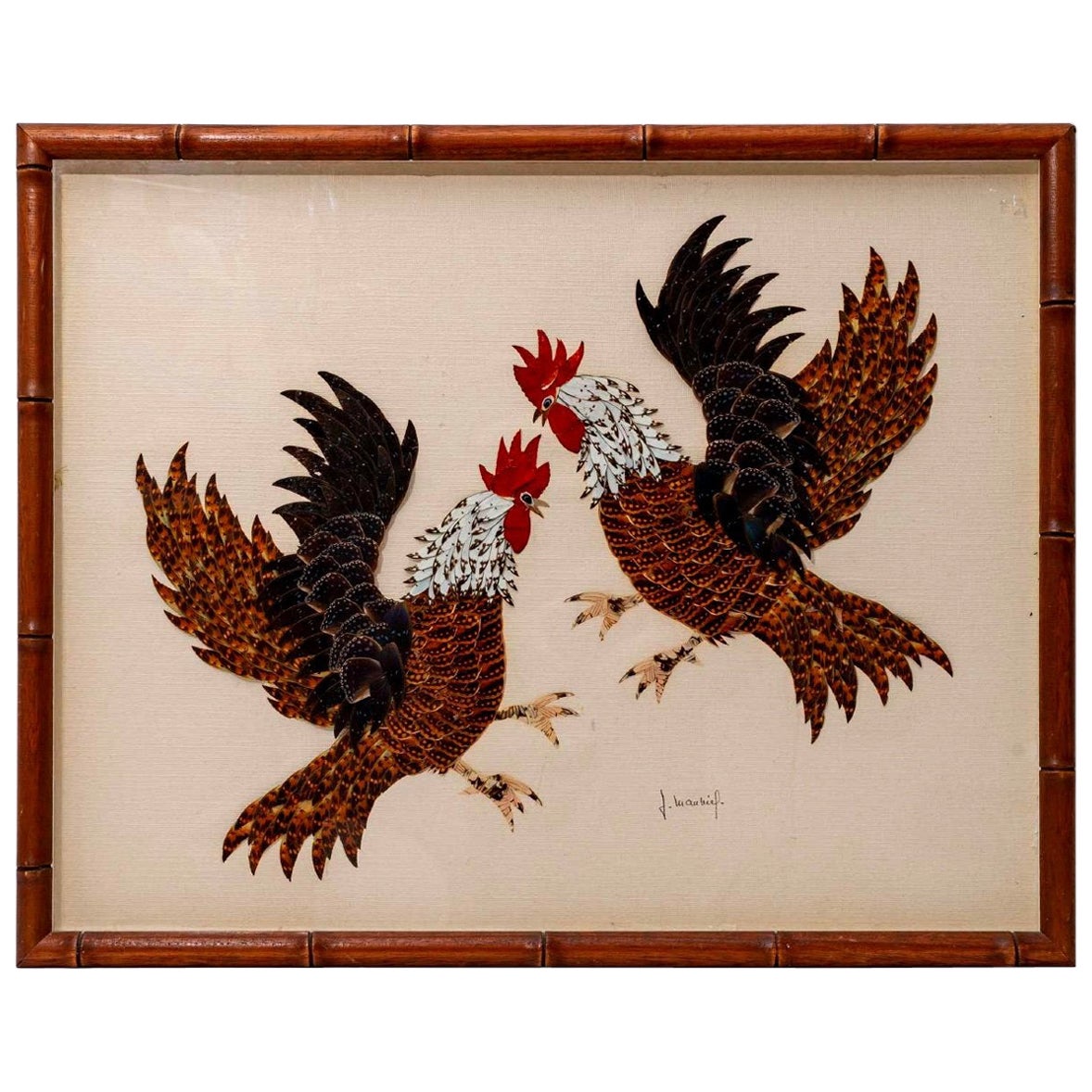Table Feathers Glued On Canvas - Cockfight - Japan - Period: Early 20th Century For Sale