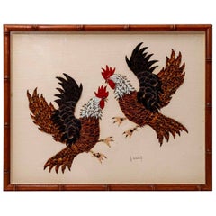 Vintage Table Feathers Glued On Canvas - Cockfight - Japan - Period: Early 20th Century