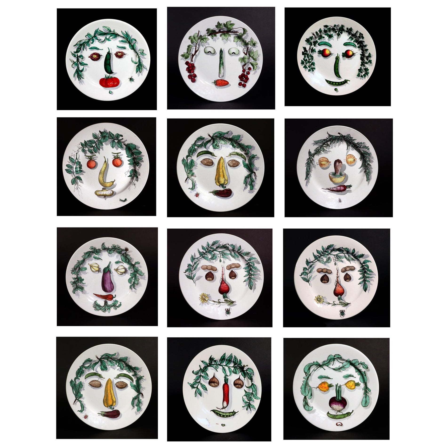 Piero Fornasetti Pottery Arcimboldesca-Motif Vegetable Face Plates For Sale