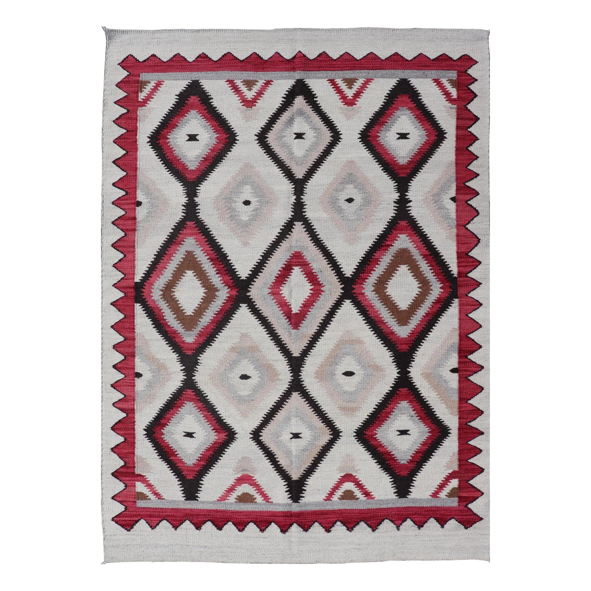 American Navajo Design Rug with Latticework Tribal Design in Red, Black and Gray For Sale