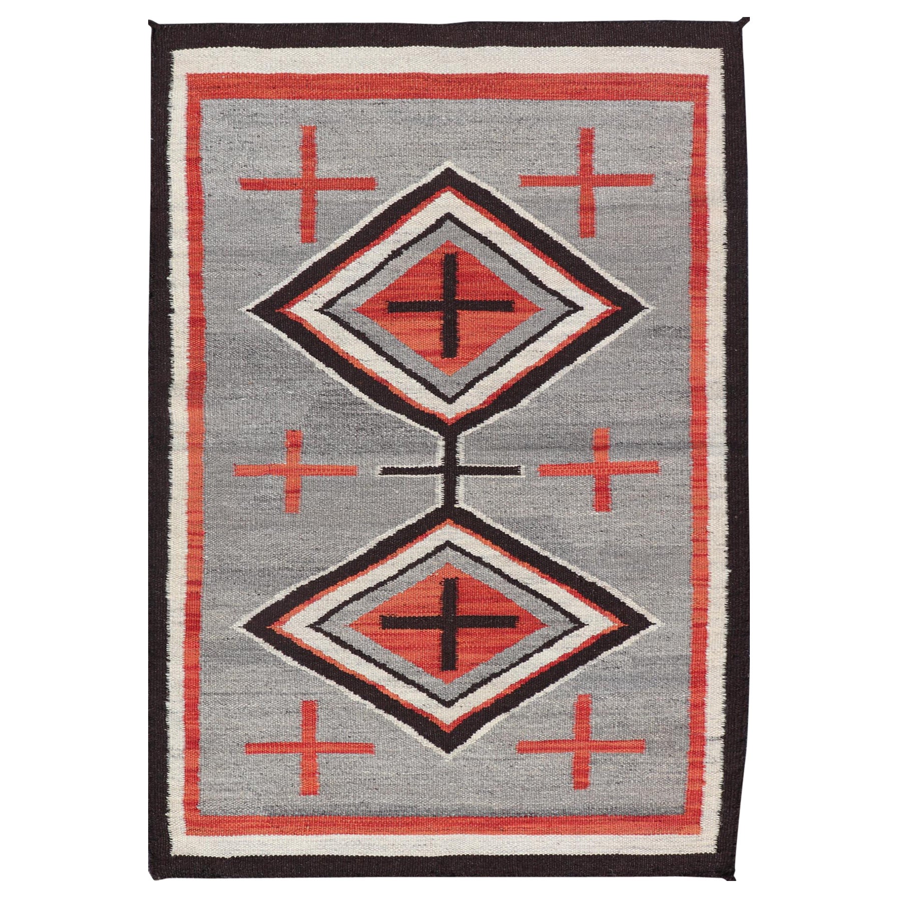 Tapis Navajo moderne à motif tribal géométrique en gris, rouge, anthracite et ivoire