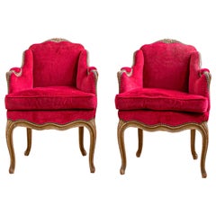 Pair Of French Antique Louis XV Style Bergere Armchairs With Red Velvet  