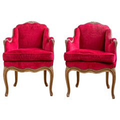 Pair Of French Antique Louis XV Style Bergere Armchairs With Red Velvet