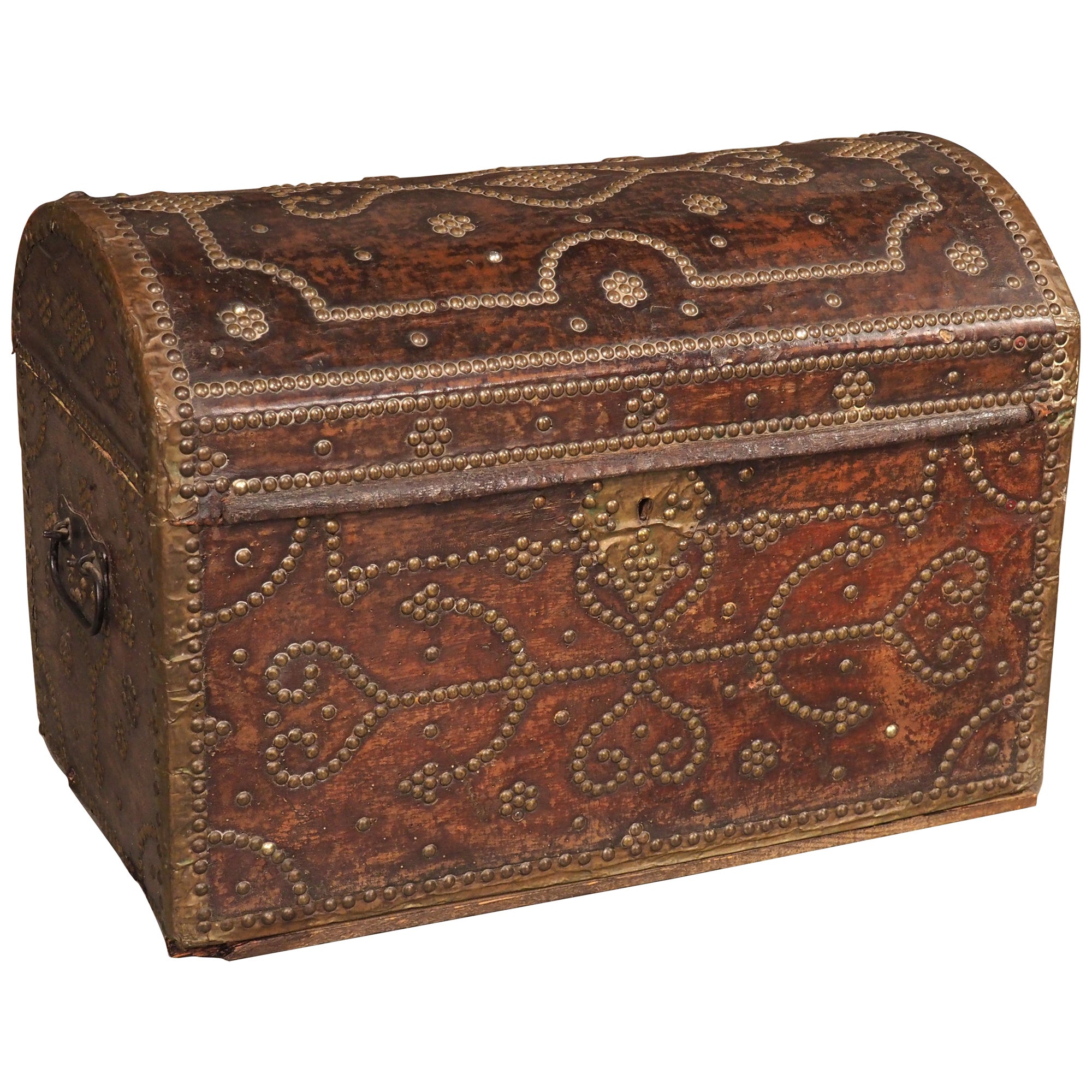18th Century Domed and Studded Leather, Brass, and Wood Trunk from France For Sale