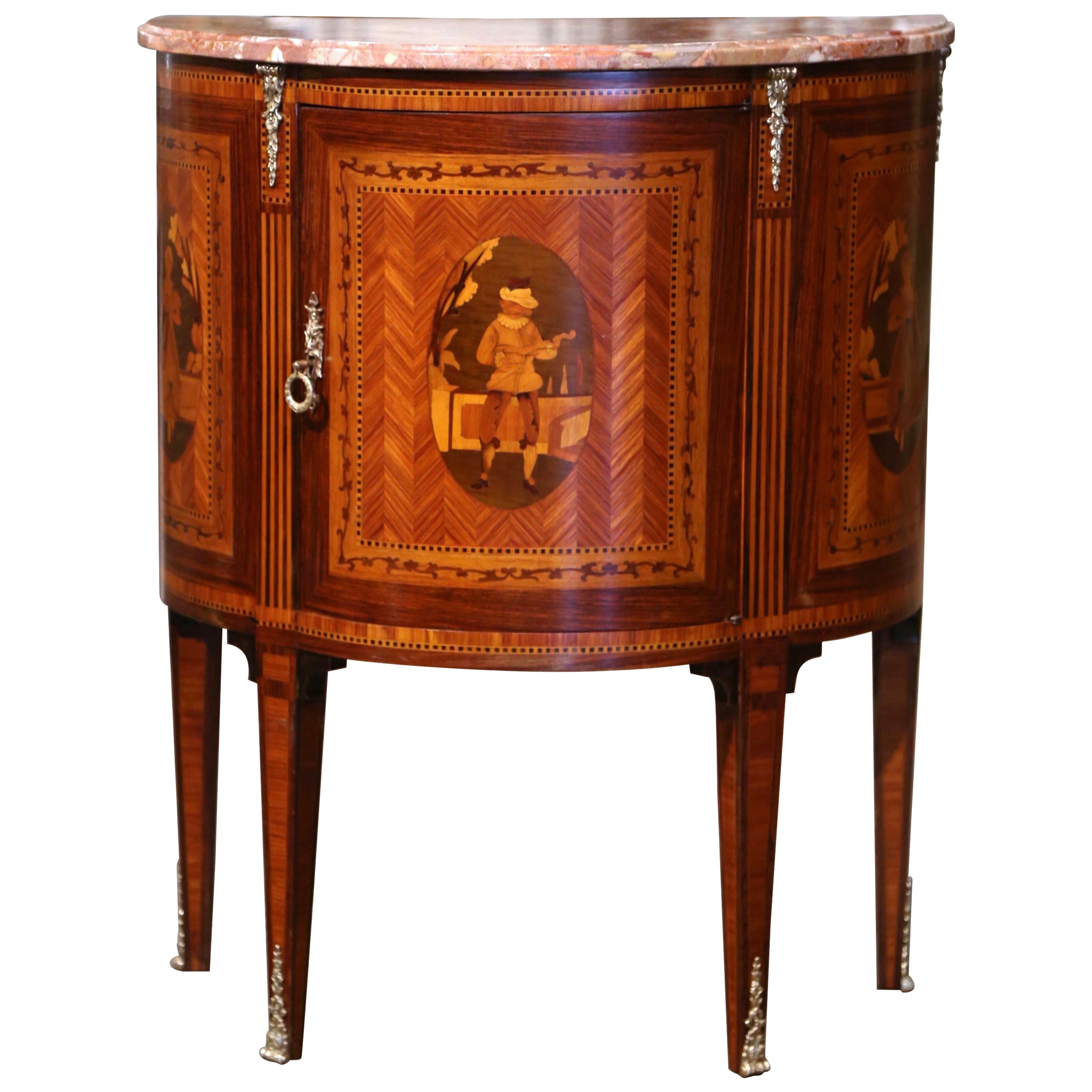 19th Century French Louis XVI Marble Top Walnut Marquetry Demi-Lune Cabinet 