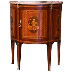 19th Century French Louis XVI Marble Top Walnut Marquetry Demi-Lune Cabinet 