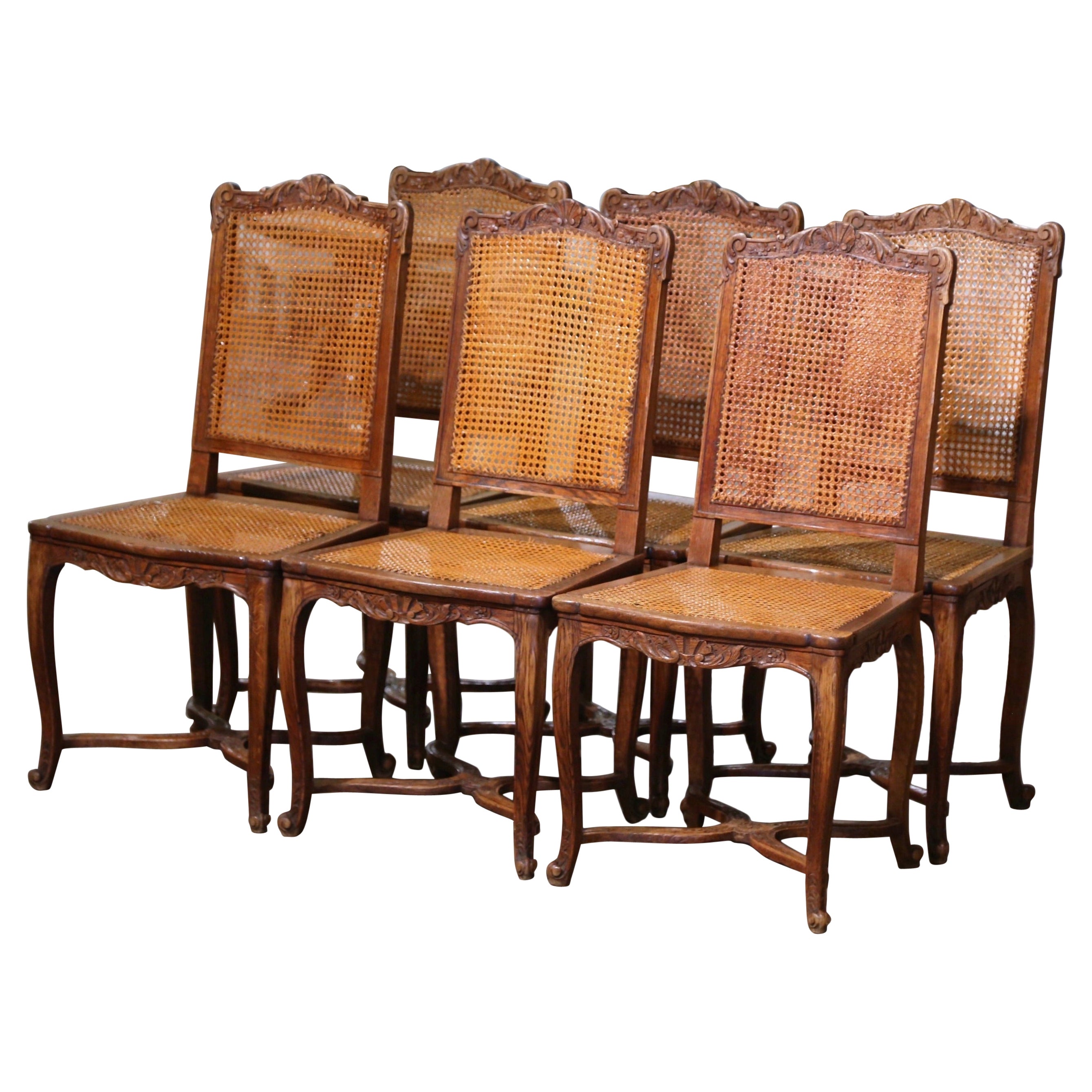 19th Century French Louis XV Carved Oak and Cane Side Chairs, Set of Six