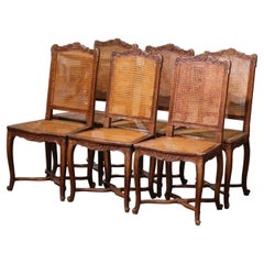 Antique 19th Century French Louis XV Carved Oak and Cane Side Chairs, Set of Six