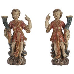 Antique Pair of Carved Lacquered and Gilded Candle Holder Angels Italian Sculptures 1650s