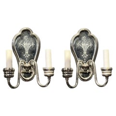 1920’s Small Silver Plated and Etched Mirror Sconces 