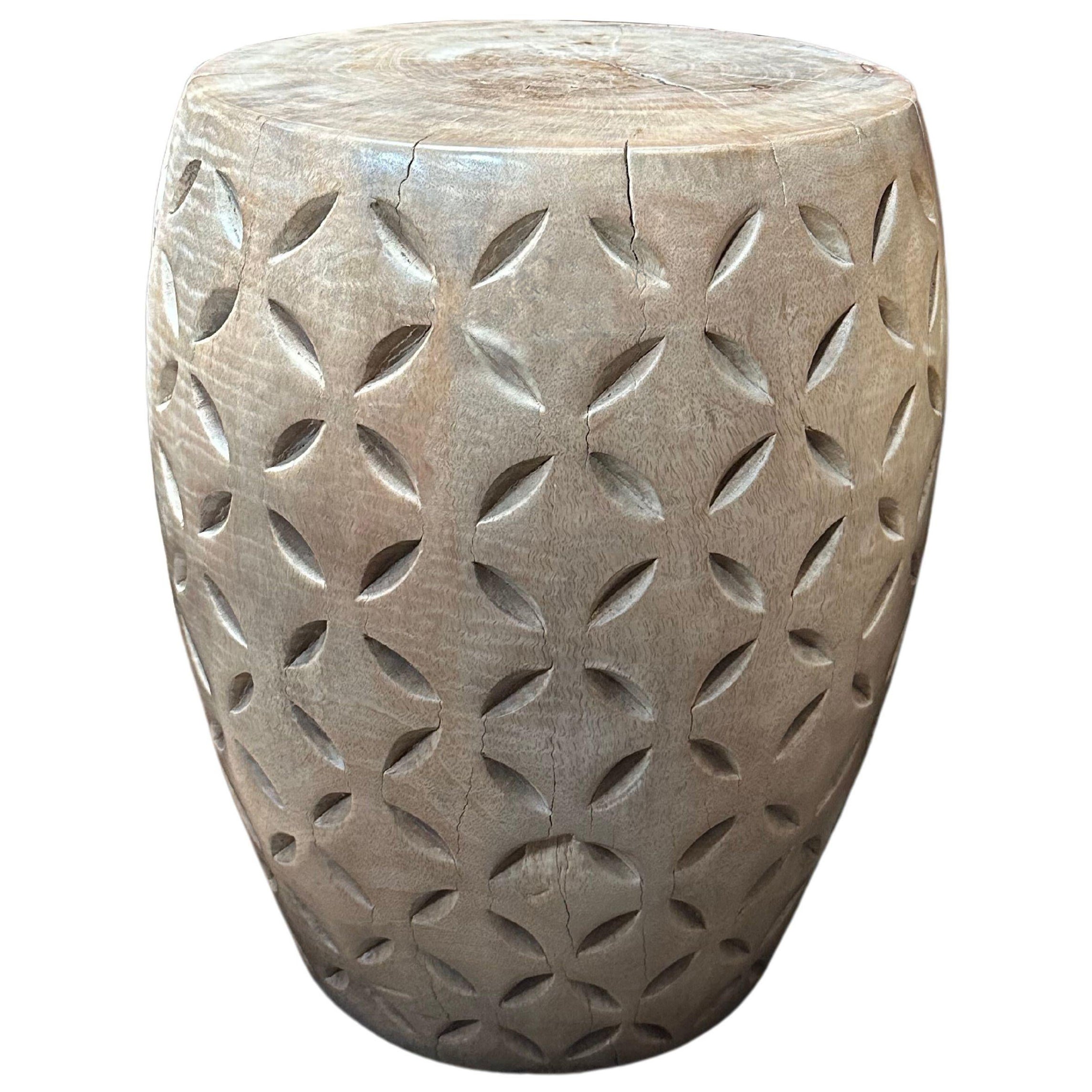 Sculptural Mango Wood Side Table, Hand-Crafted Modern Organic, Batik Detailing For Sale