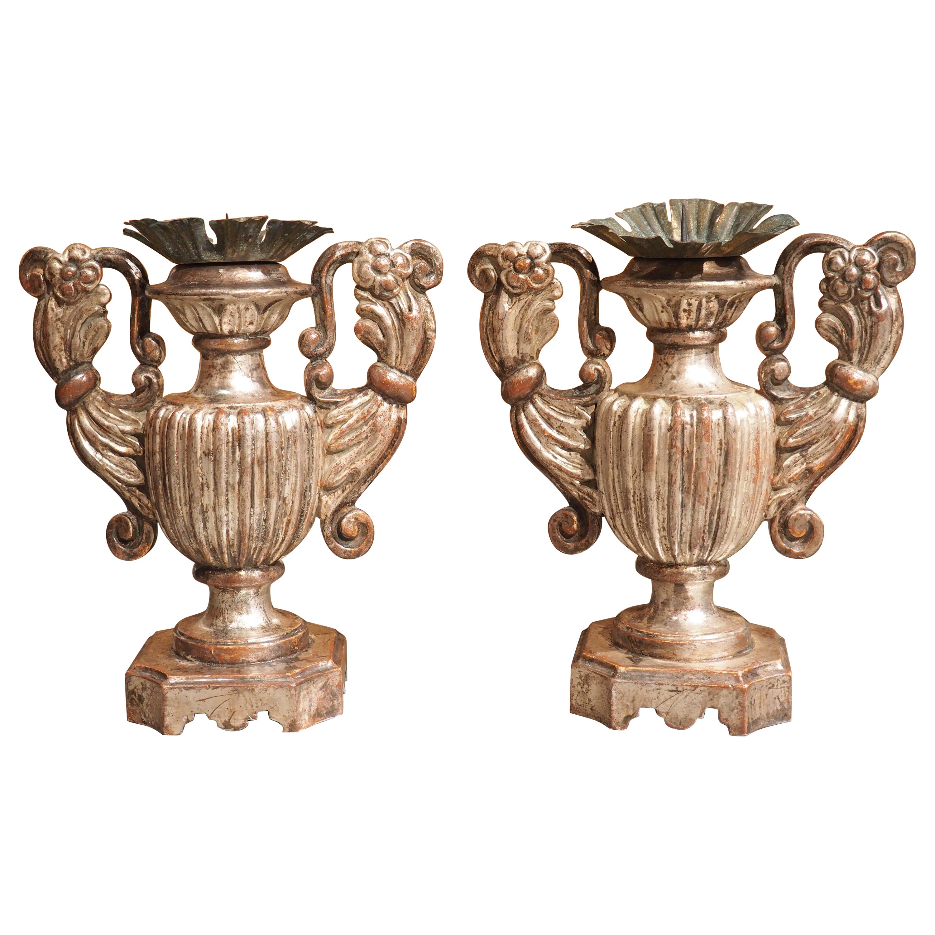 Pair of Fluted Silver Giltwood Pricket Candlesticks from Tuscany, Italy For Sale